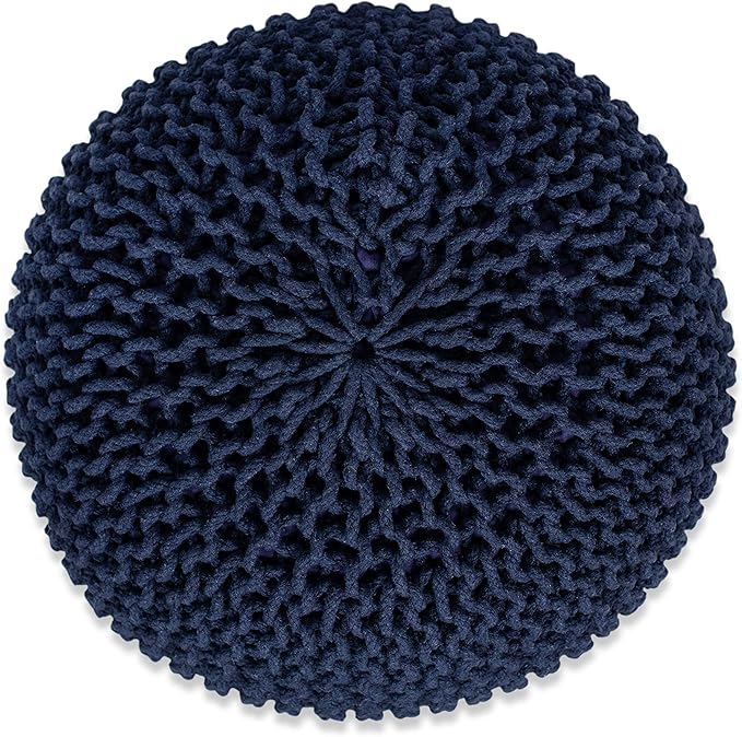 BIRDROCK HOME Round Pouf Ottoman | Cotton Braided Foot Stool with Bean Bag Filling | Boho Foot Rest for Living Room & Bedroom | Compact & Comfortable Seating, Lightweight & Soft | Navy