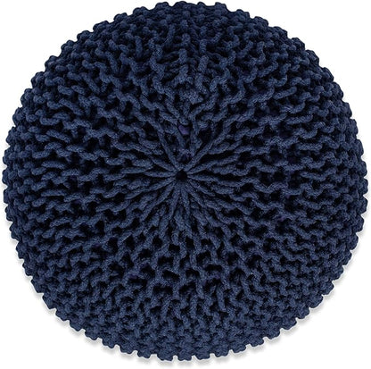 BIRDROCK HOME Round Pouf Ottoman | Cotton Braided Foot Stool with Bean Bag Filling | Boho Foot Rest for Living Room & Bedroom | Compact & Comfortable Seating, Lightweight & Soft | Navy