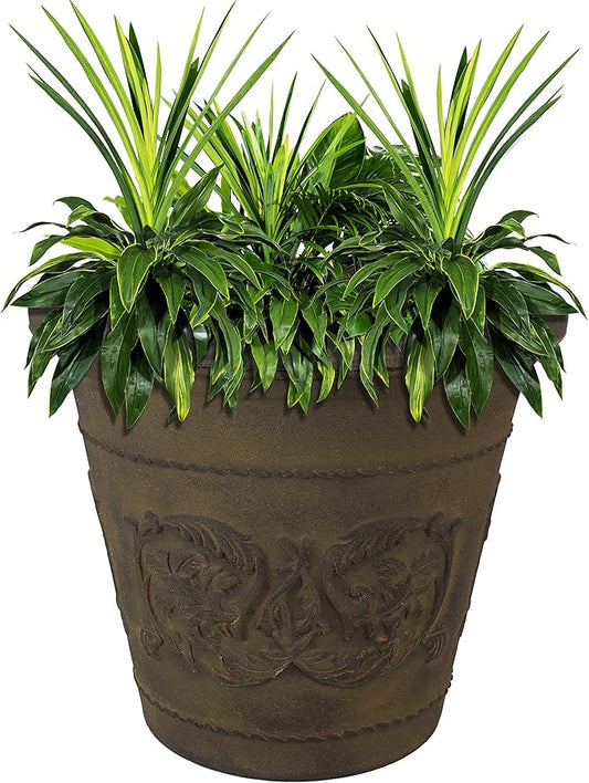 Sunnydaze 19.5-Inch Arabella Large Plant Pot - Polyresin Round Outdoor Planter with Drillable Drainage Holes - Sable
