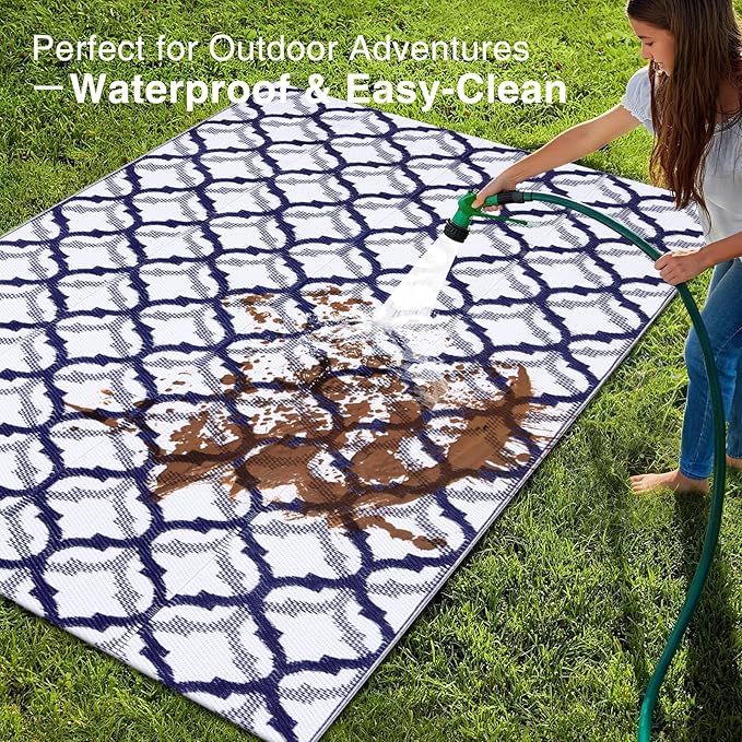 OLANLY Reversible Outdoor Rug 6x9 ft Clearance, Waterproof Outdoor Plastic Straw Rug with Interlacing Pattern, RV Mat for Patio, Camping, Balcony, Deck, Backyard, Navy & White