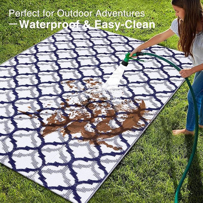 OLANLY Reversible Outdoor Rug 6x9 ft Clearance, Waterproof Outdoor Plastic Straw Rug with Interlacing Pattern, RV Mat for Patio, Camping, Balcony, Deck, Backyard, Navy & White