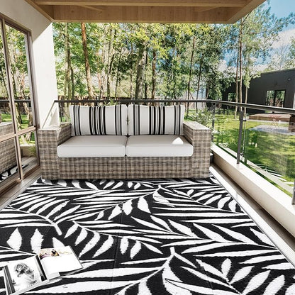 OLANLY Waterproof Outdoor Rug 9x12 ft, Reversible Outdoor Plastic Straw Rug with Leaf Pattern, RV Mat, Indoor Outdoor Carpet for Patio, Camping, Balcony, Deck, Backyard, Black & White