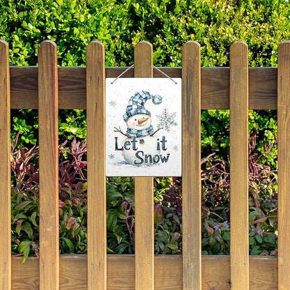 Winter Snowman Hanging Wooden Signs 12x6, Let It Snow Signs, Winter Wall Decor, Winter Door Decor, Blue Snowman Winter Snowflakes Home Room Office Hanging Wall Decor