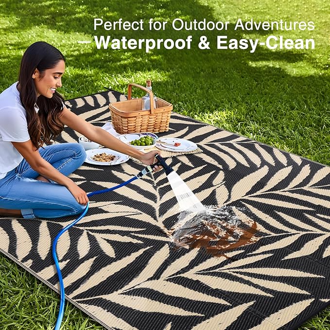 OLANLY Waterproof Outdoor Rug 8x10 ft, Reversible Outdoor Plastic Straw Rug with Leaf Pattern, RV Mat, Indoor Outdoor Carpet for Patio, Camping, Balcony, Deck, Backyard, Black & Beige