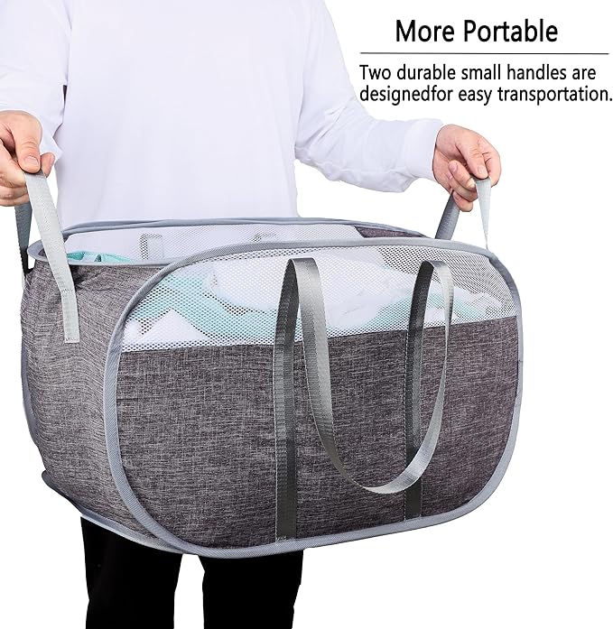 Pop Up Laundry Hamper，with Durable Handles collapsible laundry basket，Easy to Open and Fold for college Dorm,kids room，travel (black+gray)…