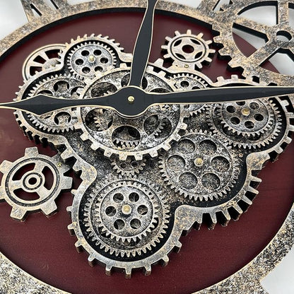 The B-Style Large Real Moving Gears Wall Clock 30 inch Rustic Retro Industrial Farmhouse Wood Clock Oversized Decorative Vintage Wall Clocks for Living Room (Black walunt Wood and Bronze)