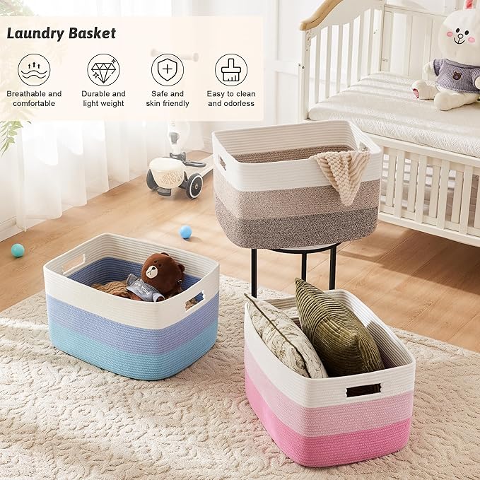 Blanket Basket,Rectangle Woven Baskets for Storage,65L Laundry Basket for Decorative Nursery Blanket,Toys,Dirty Clothes and Magazine in Shelves,Baby Room,and Living Room