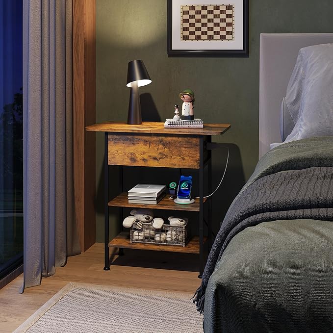 WLIVE End Table with Charging Station, Flip Top Side Table with Storage Shelf, Sofa Couch Table with USB Ports and Outlets, Narrow Bedside Table for Living Room, Bedroom Nightstand, Rustic Brown