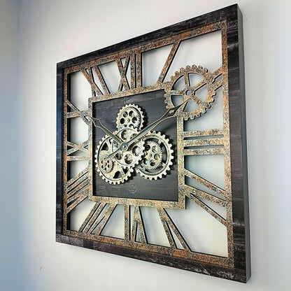 The Gears Clock 24'' Inch Square Real Moving Gear Wall Clock Vintage Industrial Oversized Rustic Farmhouse (Vintage Black)