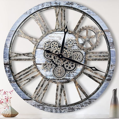 The B-Style Large Wall Clock 24 inch Moving Gear Wall Clock Oversized Vintage Farmhouse Wall Clocks for Living Room Decor Rustic Industrial Wood Clock (Aqua Green, 36 inch/90cm)