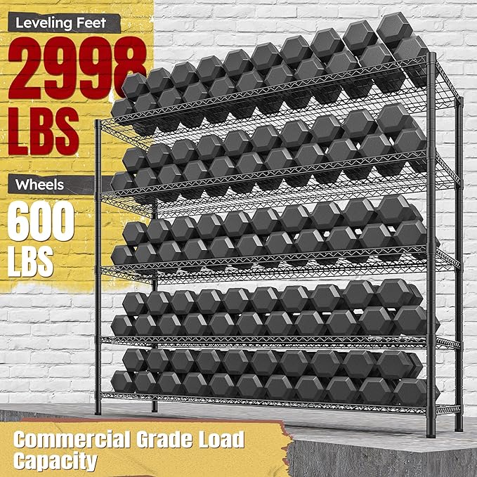 REIBII 85.7"H Storage Shelves 2998LBS Metal Shelving Units with Wheels&Feet, 5 Tier Garage Shelving Heavy Duty Adjustable Wire Shelf for Pantry Garage Commercial Industrials, 85.7"H X 55.5"W X 24.2"D