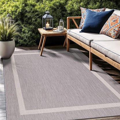 Bordered Outdoor Rug 9x12 Washable Outside Carpet for Indoor Patio Porch Waterproof Easy Cleaning Non Shedding Area Rugs Gray 9 x 12