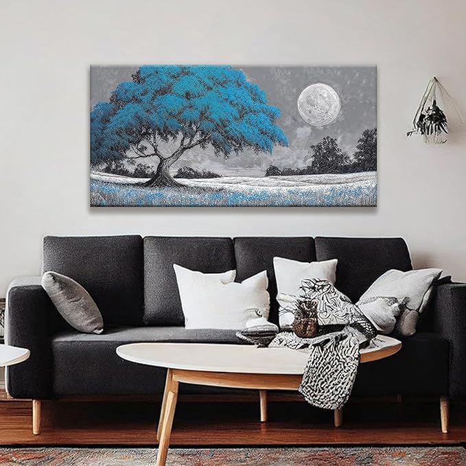 TAIJXAGSG Wall Art For Living Room Blue Tree Moon Canvas Art Wall Print Decor Artwork Print Painting 24" X 48" Modern Wall Art Picture For Bedroom Modern Salon Kitchen Office Home Wall Decor