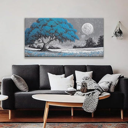 TAIJXAGSG Wall Art For Living Room Blue Tree Moon Canvas Art Wall Print Decor Artwork Print Painting 24" X 48" Modern Wall Art Picture For Bedroom Modern Salon Kitchen Office Home Wall Decor