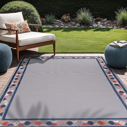 Beverly Rug Outdoor Rug 4x6 Modern Bordered Area Rugs for Indoor and Outdoor Patio Easy to Clean Non Shedding Living Room Porch Garden Washable Outside Carpet (4 x 6 Gray)