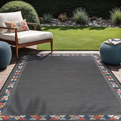 Beverly Rug Outdoor Rug 9x12 Modern Bordered Large Area Rugs for Indoor and Outdoor Patio Easy to Clean Non Shedding Living Room Porch Garden Washable Outside Carpet (9 x 12 Dark Gray)