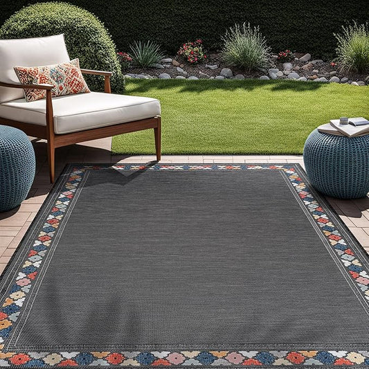 Beverly Rug Outdoor Rug 10x14 Modern Bordered Large Area Rugs for Indoor and Outdoor Patio Easy to Clean Non Shedding Living Room Porch Garden Washable Outside Carpet (10 x 14 Dark Gray)