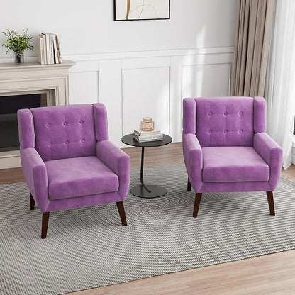 UIXE Accent Chairs Set of 2, Modern Upholstered Arm Chair, Mid-Century Club Armchair Comfy Single Lounge Sofa, Button Tufted Living Room Reading Side Seating for Bedroom Office, Velvet-Purple