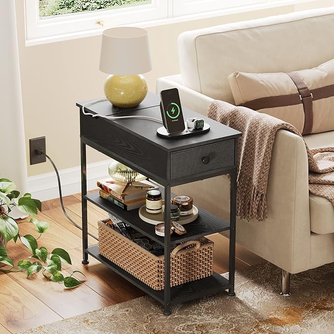WLIVE Narrow Side Table with 2 USB Ports and 2 Outlets, Flip Top End Table with Drawer and Storage Shelves, End Stand with Charging Station for Living Room, Bedroom, Small Spaces,Black