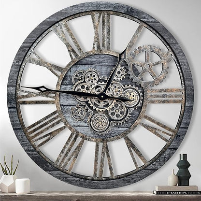 The B-Style Large Real Moving Gears Wall Clock 30 inch Rustic Retro Industrial Farmhouse Wood Clock Oversized Decorative Vintage Wall Clocks for Living Room (Carbon Gray)