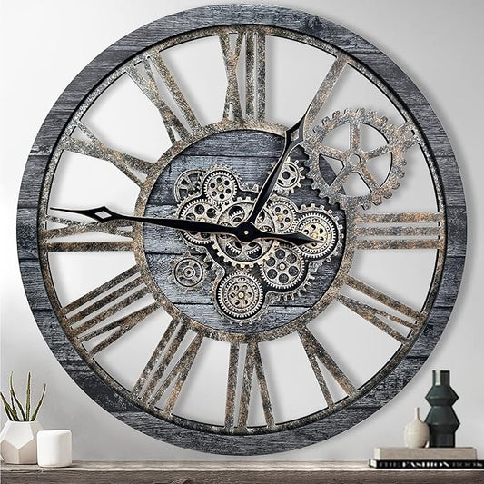 The B-Style Large Real Moving Gears Wall Clock 30 inch Rustic Retro Industrial Farmhouse Wood Clock Oversized Decorative Vintage Wall Clocks for Living Room (Carbon Gray)
