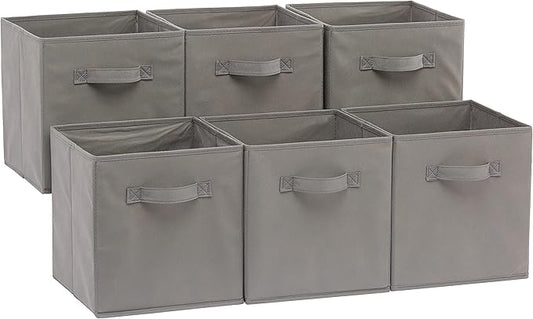 Amazon Basics Collapsible Fabric Storage Cubes Organizer with Handles, Sturdy, Gray, 10.5-x-10.5-x-11-inch, Pack of 6
