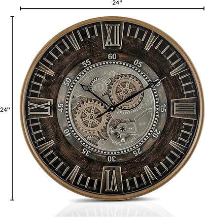 CLXEAST 24 Inch Large Moving Gear Wall Clock for Farmhouse Living Room Decor,Vintage Industrial Bronze Gold Metal Wall Clock for Home Office,House Warming Gifts New Home
