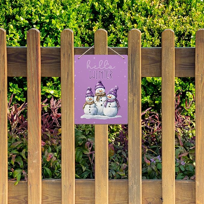 Purple Hello Winter Snowman Hanging Wooden Signs 10x8, Snowman Winter Signs, Winter Door Sign, Purple Snowman Winter Snowflakes Home Room Office Hanging Wall Decor