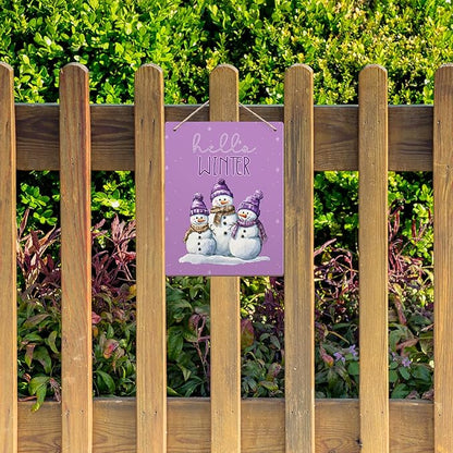 Purple Hello Winter Snowman Hanging Wooden Signs 10x8, Snowman Winter Signs, Winter Door Sign, Purple Snowman Winter Snowflakes Home Room Office Hanging Wall Decor