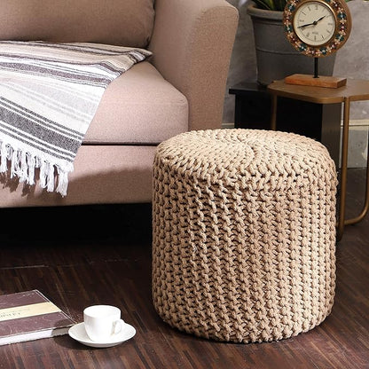 REDEARTH Pouf Ottoman - Cylindrical Knitted Poof - Cord Boho Pouffe - Cotton Round Foot Stool Puff for Home Decor - Living Room - Nursery - Bedroom - Patio - Lounge (16" x 16" x 16") - Beige