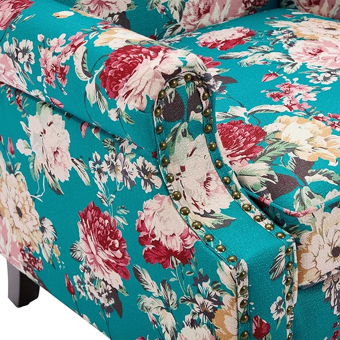 UIXE High Back Floral Accent Chair, Upholstered Armchair in Fabric, Retro Printed Wingback Arm Chair for Living Room, Nailhead Trim Single Sofa Bedroom Reading Seat - Peacock Blue