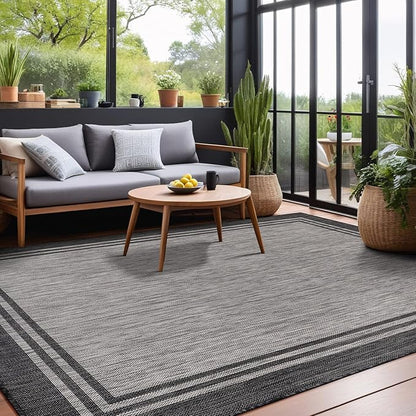Bordered Outdoor Rug 5x7 Washable Outside Carpet for Indoor Patio Porch Waterproof Easy Cleaning Non Shedding Area Rugs Dark Gray 5 x 7