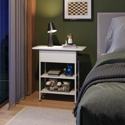 WLIVE End Table with Charging Station, Flip Top Side Table with Storage Shelf, Sofa Couch Table with USB Ports and Outlets, Narrow Bedside Table for Living Room, Bedroom Nightstand, White