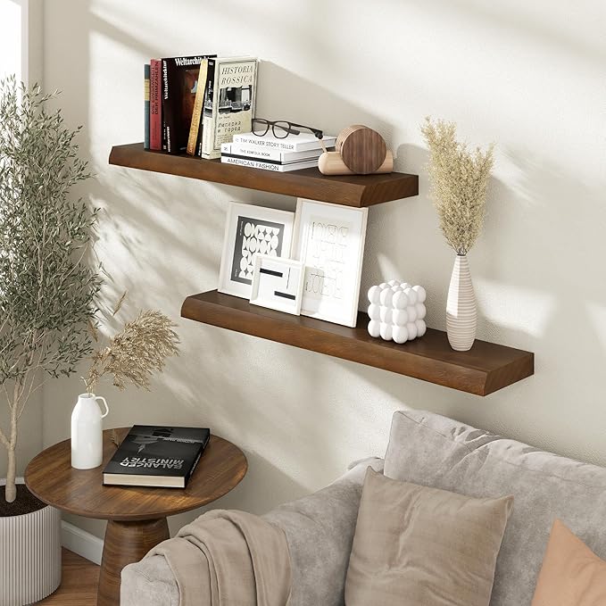 RICHFOCUS Live Edge Wood Floating Shelves for Wall 24" Natural Solid Wood Wall Mounted Shelf|8 Inch Deep Wooden Floating Shelves with Invisible Bracket for Bathroom Kitchen Room|2Pcs, Walnut