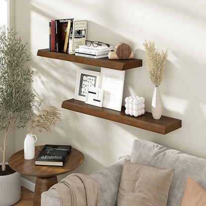 RICHFOCUS Live Edge Wood Floating Shelves for Wall 24" Natural Solid Wood Wall Mounted Shelf|8 Inch Deep Wooden Floating Shelves with Invisible Bracket for Bathroom Kitchen Room|2Pcs, Walnut