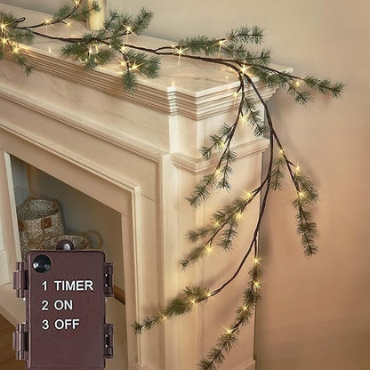 Birchlitland Lighted Pine Garland Battery Operated with Timer 6FT 48 LED Fairy Lights, Christmas Garland with Lights Wall Patio Wedding and Holiday Decor