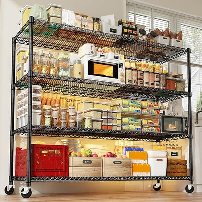 REIBII 60''W Storage Shelves 2399LBS Garage Shelving Heavy Duty with Wheels & Feet, 4 Tier Wire Shelving Adjustable Metal Shelving for Pantry Garage Kitchen Commercial Industrail, 60"W x 18"D x 65.5"H