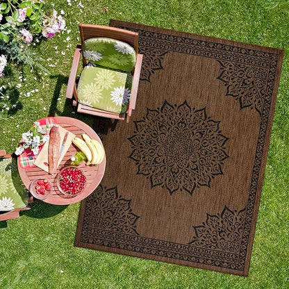CAMILSON Outdoor Rug, 9x12 Medallion Nut Brown Black Modern Area Rugs for Large Indoor and Outdoor Patios, Kitchen and Hallway Mats, Washable Porch Deck Outside Carpet (Nut Brown Black, 9 x 12)