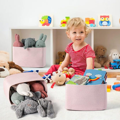 Cotton Rope storage Basket Bins Woven Basket for Organizing Shelves Rectangle Decorative Baskets For storage Clothes Toys Books Towels Square Wicker Nursery basket organizer 3 pack light pink