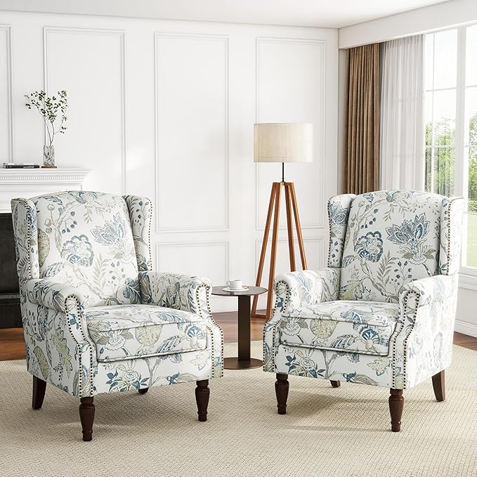 UIXE High Back Floral Accent Chair, Upholstered Armchair in Fabric, Retro Printed Wingback Arm Chair for Living Room, Nailhead Trim Single Sofa Bedroom Reading Seat - Plants Blue