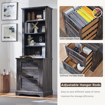 RedLemon Bookcase with 2 File Drawers, 72" Tall Farmhouse Bookshelf with Storage and Adjustable Shelves, 4 Tier Rustic Wood Bookshelf with Cabinet for Home Office, Living Room (Dark Rustic Oak)