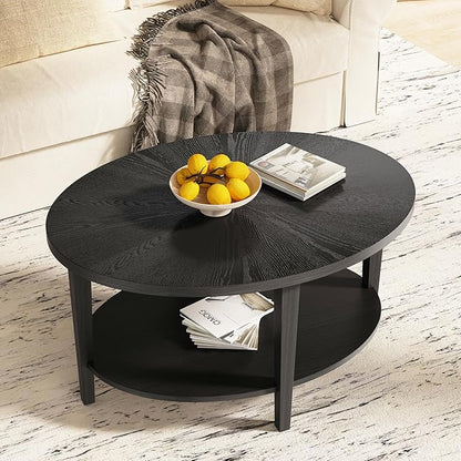 Solid Wood Oval Coffee Table for Living Room, 2 Tier Oval Rustic Coffee Table with Storage Shelf, Double Layer Center Table for Living Room, Easy Assembly