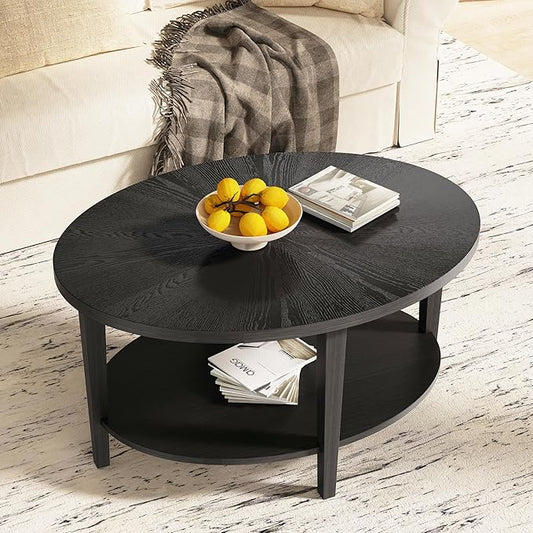 Solid Wood Oval Coffee Table for Living Room, 2 Tier Oval Rustic Coffee Table with Storage Shelf, Double Layer Center Table for Living Room, Easy Assembly
