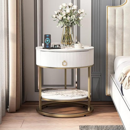 OIOG Round Side Table with Drawer, 2 Tier Night Stand with Shelf, Modern Side Table with Gold Legs for Living Room, Bedroom, Dorm, Marbling Natural Stone/Gold