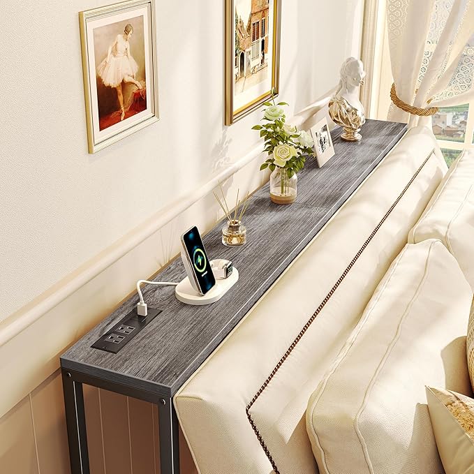 SUPERJARE Console Table with Outlet, 63 Inch Sofa Table with Charging Station, Narrow Hallway Entryway Table, Behind Couch Table Skinny for Entryway, Living Room, Plants, Charcoal Gray