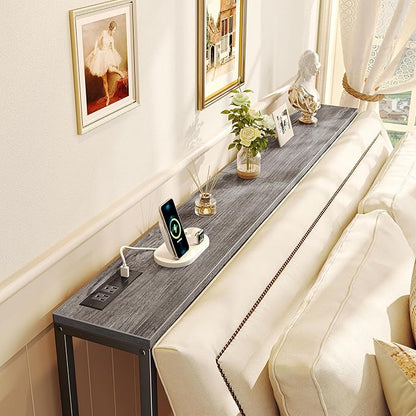 SUPERJARE Console Table with Outlet, 63 Inch Sofa Table with Charging Station, Narrow Hallway Entryway Table, Behind Couch Table Skinny for Entryway, Living Room, Plants, Charcoal Gray