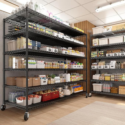 REIBII 60''W X 82.6" H Steel Heavy Duty Wire Shelving Unit with Wheels, 6-Tier Adjustable Storage Shelves 3598LBS Commercial Metal Shelves for Pantry, Garage, College Dorm Industrial Shelving, 2 Pack