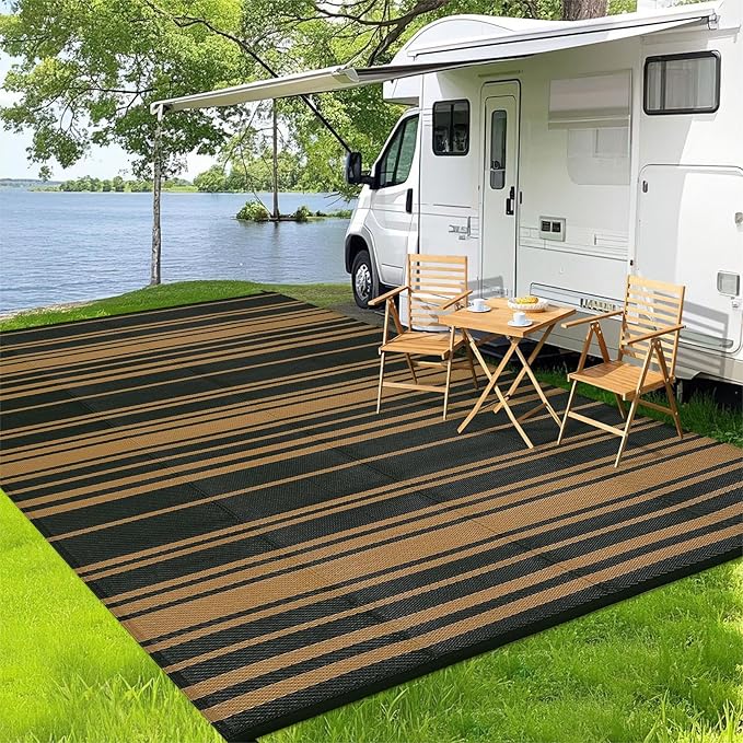 Waterproof Outdoor Rug 8x10 Contemporary Reversible Plastic Straw Rug, Easy Cleaning Striped Patio Carpet, UV-Resistant Indoor Outdoor Floor Cover for RV, Porch, Deck, Backyard, Black Brown