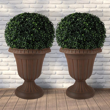 Pure Garden Outdoor Planter 2-Pack - 16x18-Inch Urn Planters - Plastic Plant Pots for Indoor, Outdoor, or Front Porch Decor - Flower Pots (Brown)