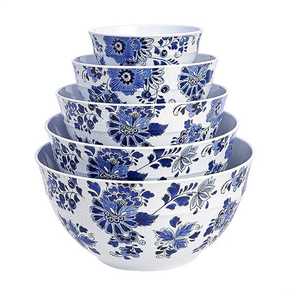 Amazon Basics Nesting Melamine Mixing Round Bowl with Lid and Non-Slip Base, 5 Sizes, Blue and White Floral, Set of 10, 4 quarts, 3 15/16",7 9/16",8 7/8",10",11 1/4"